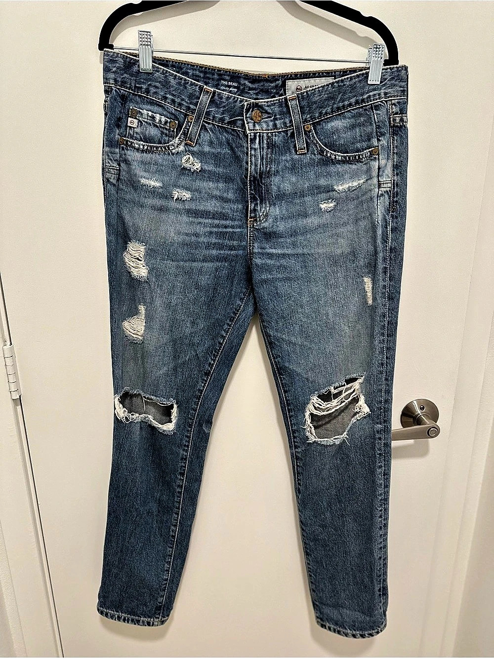 EUC AG Adriano Goldschmied The Beau Slouchy Skinny Jean 28R Distressed $235 MSRP